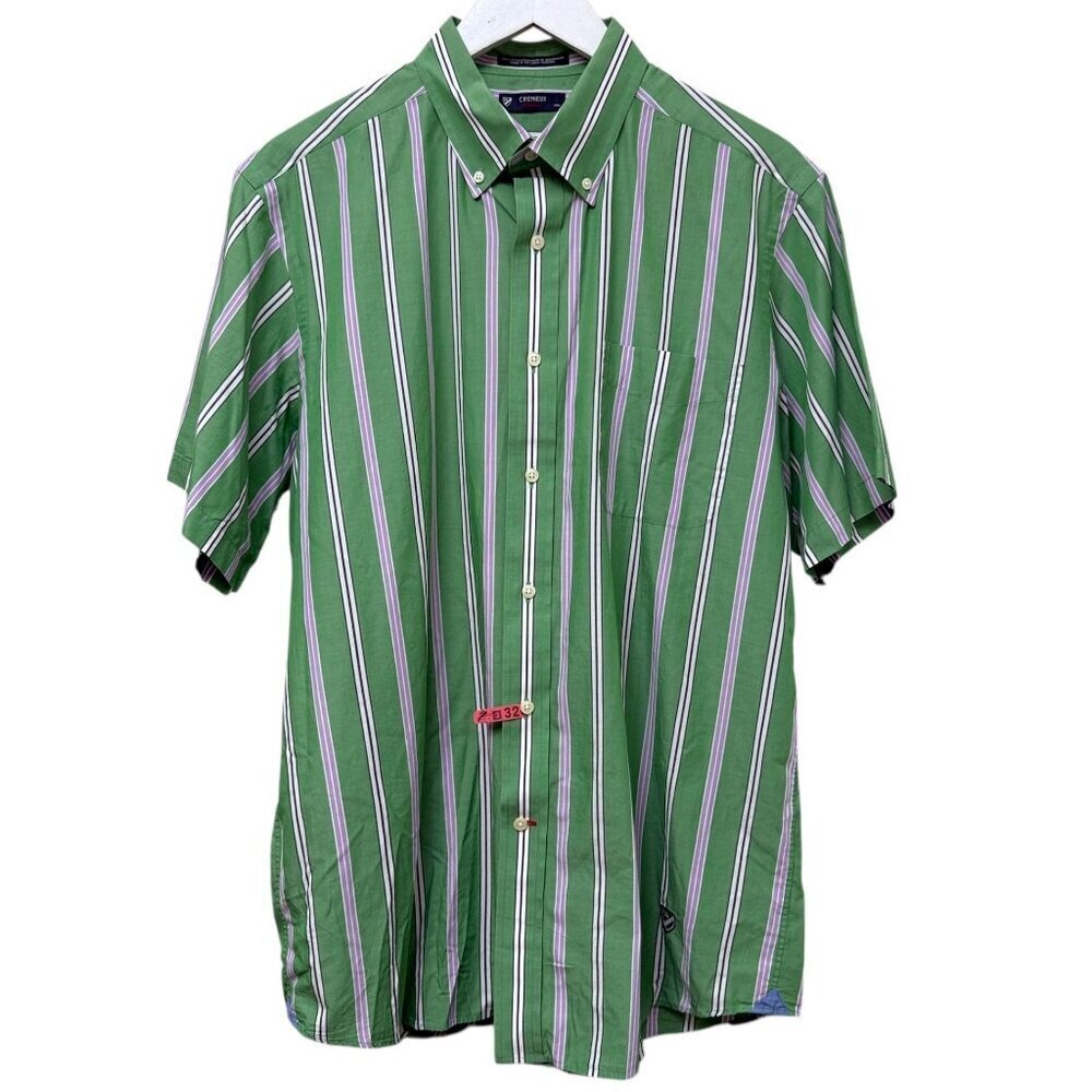 CREMIEUX Mens Classico Shirt Large Short Sleeve Green Stripe Cotton Button Down